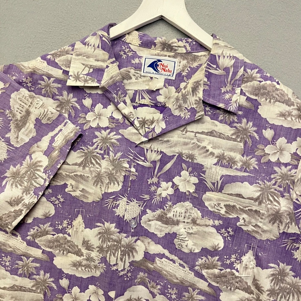 Vintage Nui Nalu Hawaiian Aloha Shirt Purple Scenic Island Print Made Hawaii XL